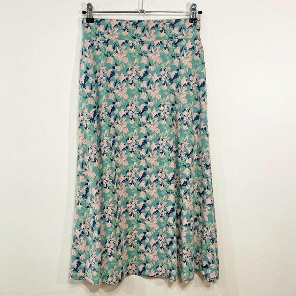 New Pact Stretch Cotton Floral Knit Midi Skirt Jade Green Pink Small - Picture 3 of 8